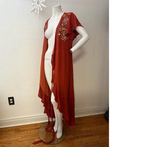 NEW Brick burnt orange long maxi dress cover-up floral embroidered asymmetrical